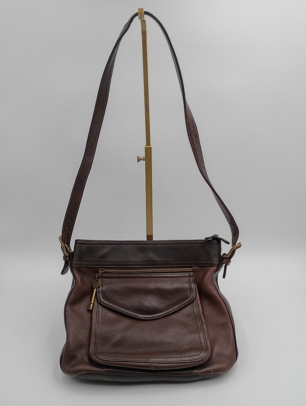 Fossil 1954 Vintage Brown Pebbled Leather Crossbody Shoulder Bag Brass Key Charm